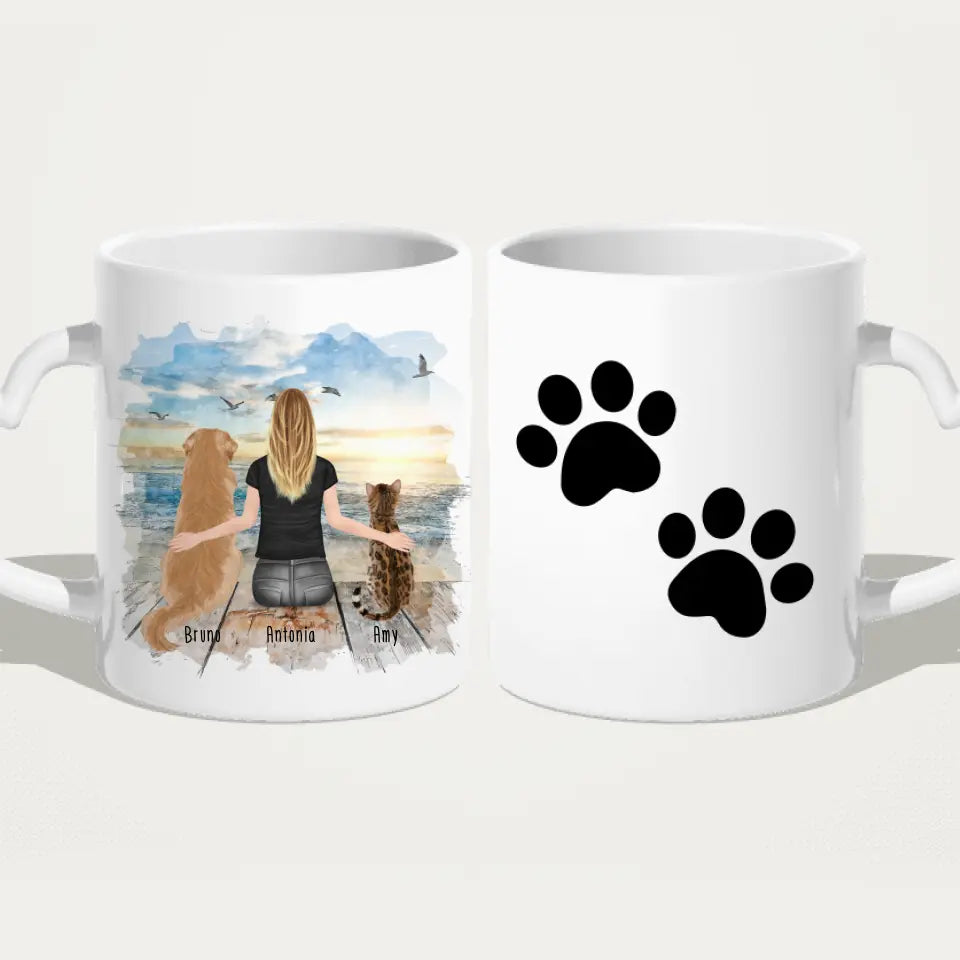 Personalisierte Tasse mit Hund/Katze/Frau (1 Hunde + 1 Katze + 1 Frau)