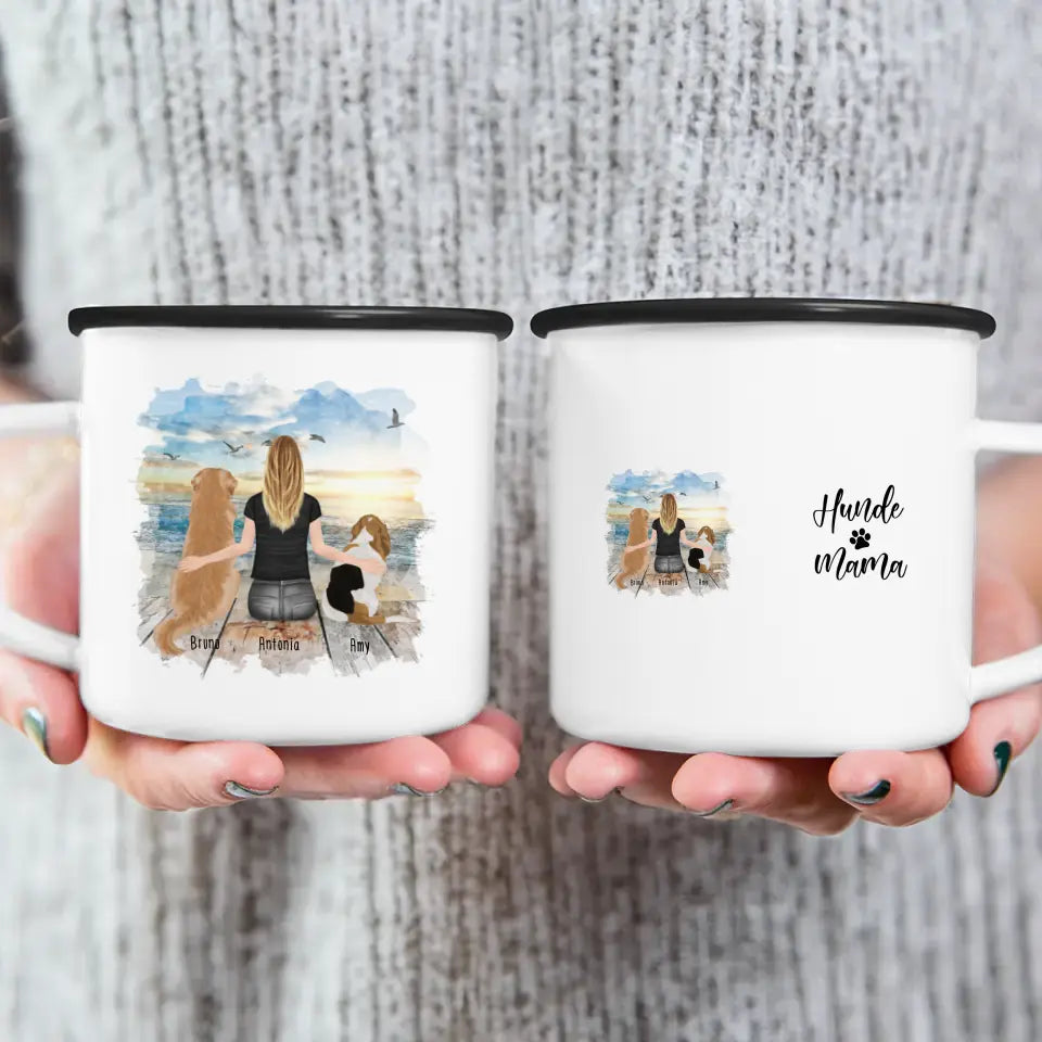 Personalisierte Tasse mit Hund und Frau (2 Hunde + 1 Frau)